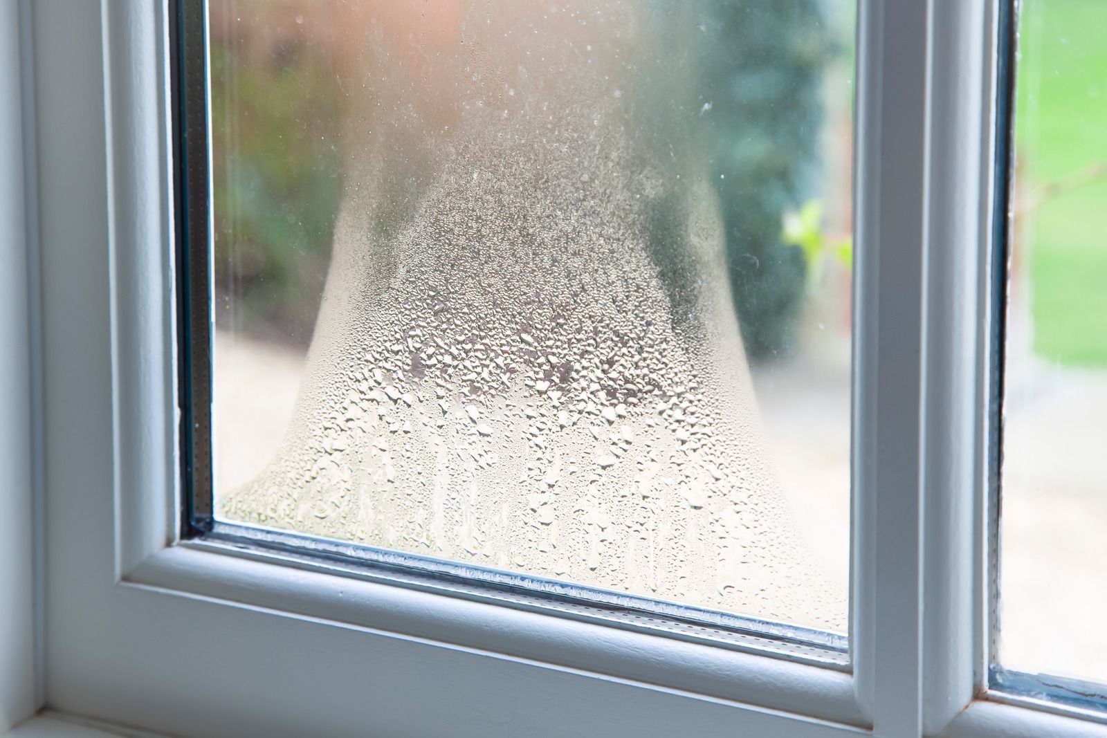 Condensation on a windowpane, with a blurred outdoor scene beyond it.