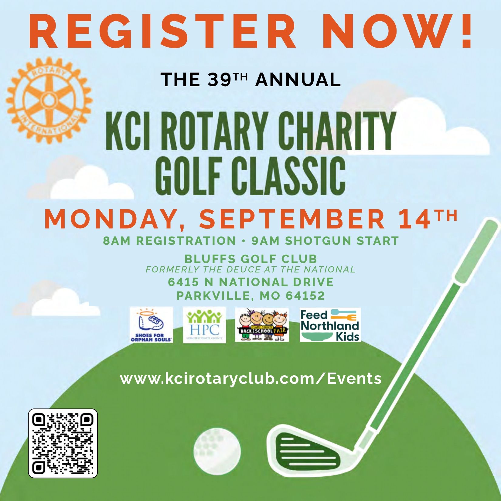 Golf tournament flyer: KCI Rotary Charity Golf Classic, Monday, September 8th, Bluffs Golf Club, Parkville, MO. Register now!