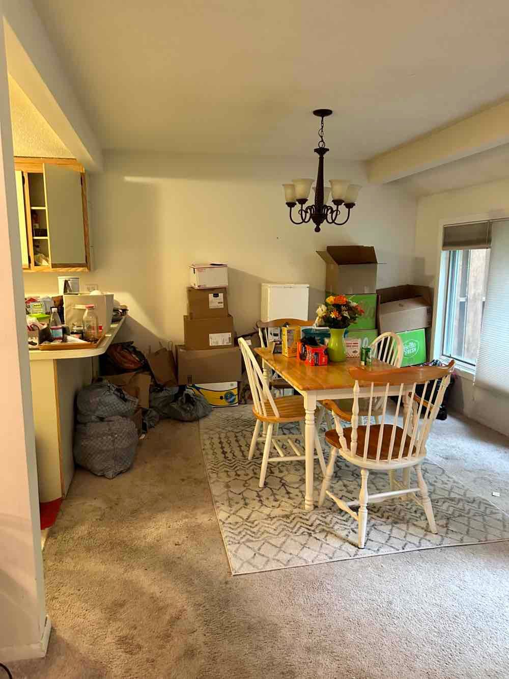 Dining room with table, chairs, boxes, rug, and kitchen area. Boxes stacked against the wall.