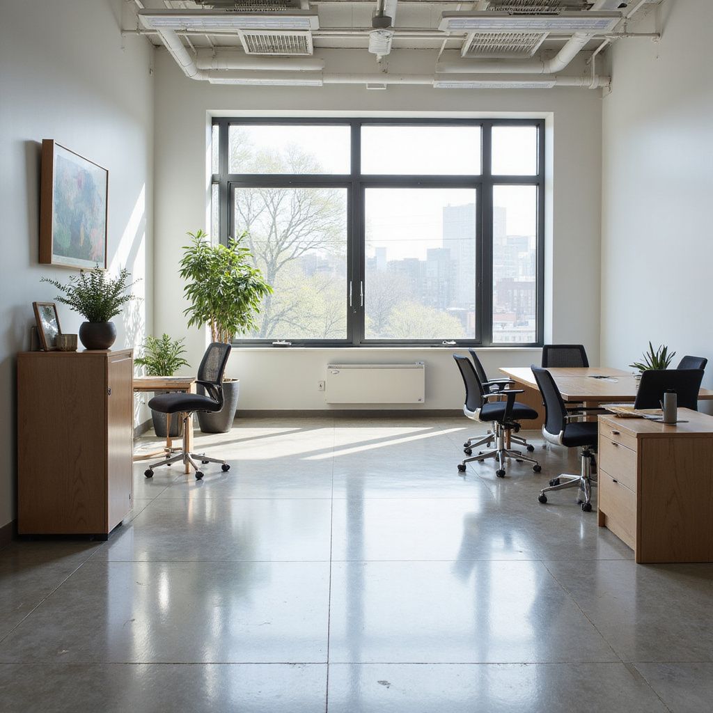 Bright office space with large window, desks, chairs, plants, and art.