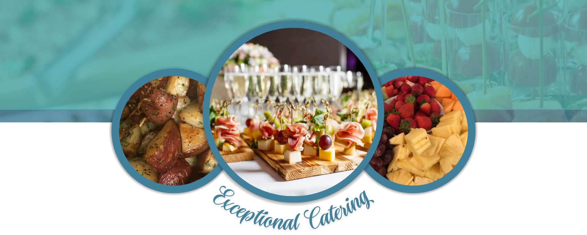 Logo banner with circular food photos and the text “Gourmet Cuisine” on a teal background