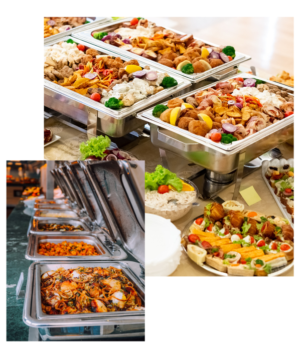 Buffet trays of assorted hot food, with pasta, vegetables, and skewers in a catering setup