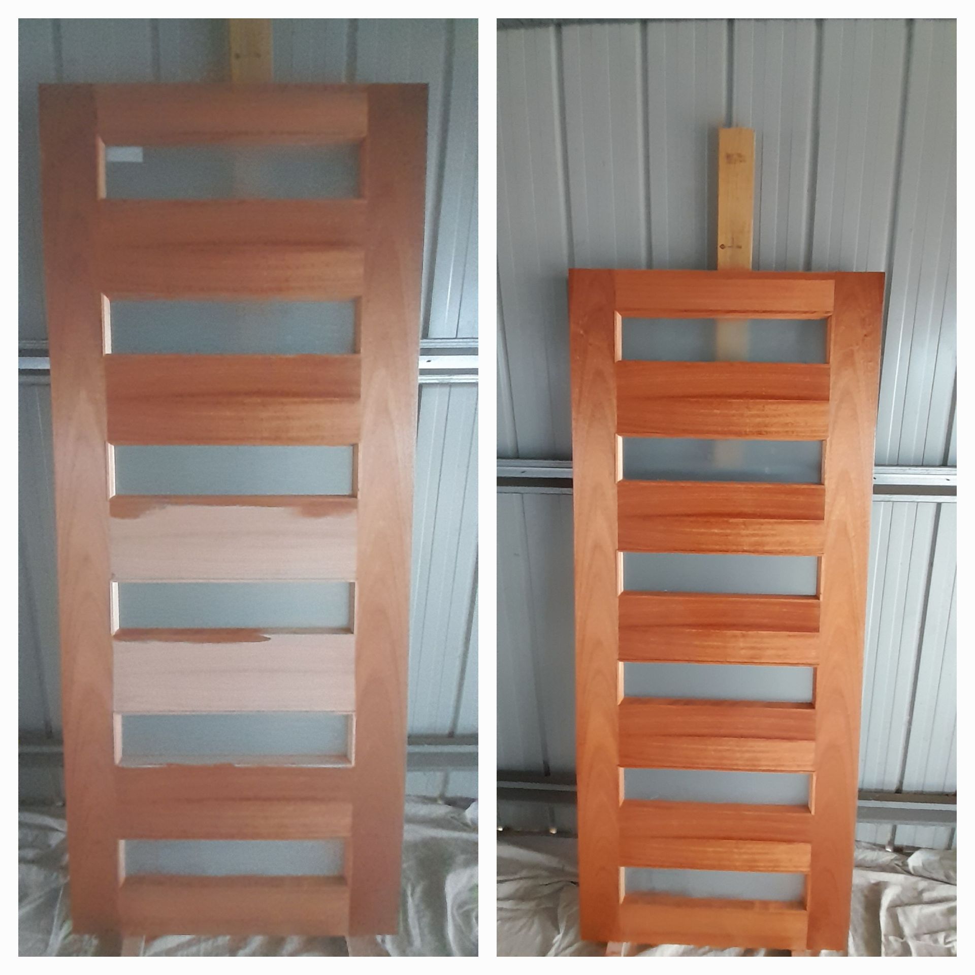 Two Pictures Of A Wooden Door Before And After Being Painted — McCarthys Property Services in Glenugie, NSW