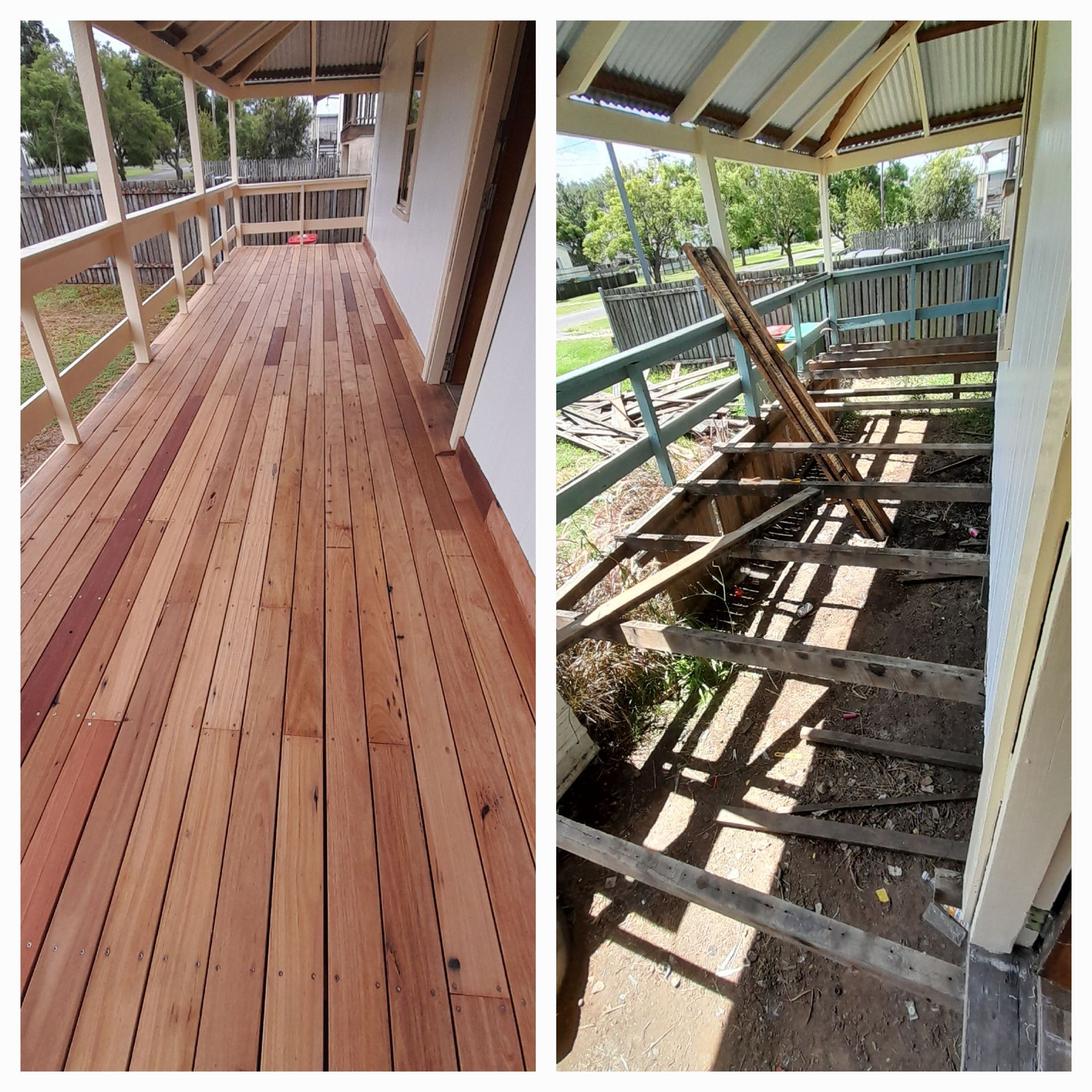 A Before And After Picture Of A Wooden Deck — McCarthys Property Services in Glenugie, NSW