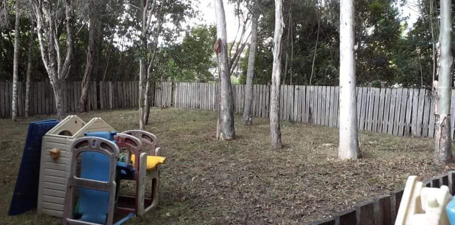A Backyard With A Playground And A Fence Surrounded By Trees — McCarthys Property Services in Grafton, NSW