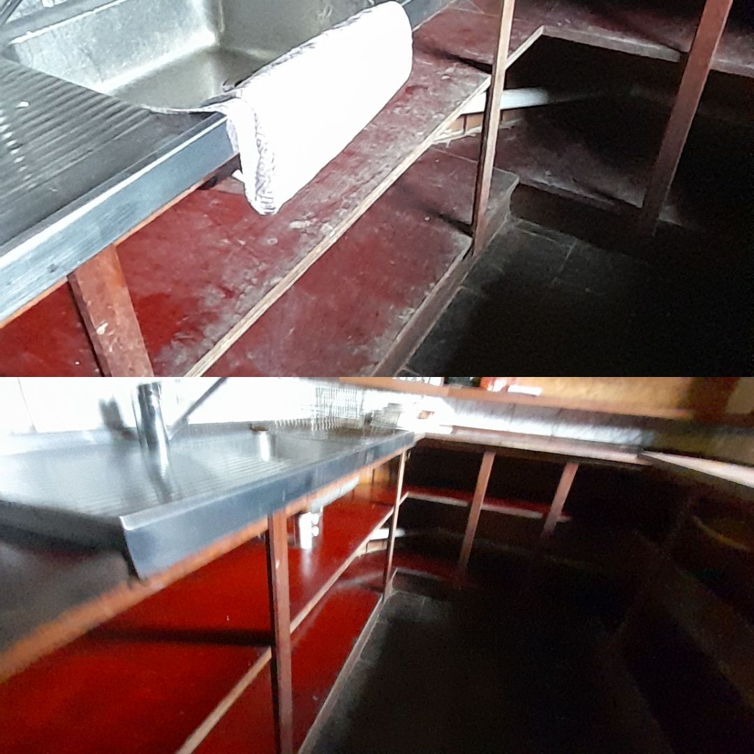 A Before And After Photo Of A Kitchen With Red Cabinets — McCarthys Property Services in Glenugie, NSW