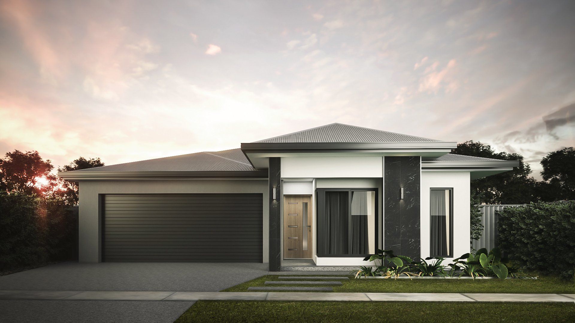 An artist 's impression of a modern house with a black garage door.