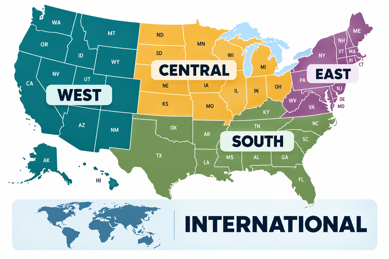 A map of the united states with the words central east and south