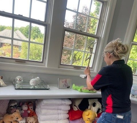 A woman is cleaning a window in a room filled with stuffed animals. — Erie, PA — Peterson’s Property Maintenance