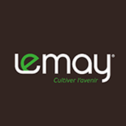 Logo LeMay en blanc et vert sur fond marron foncé, avec un petit slogan vert en dessous