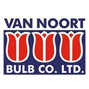 Logo de Van Noort Bulb Co. Ltd. avec des icônes de tulipes rouges sur fond bleu et blanc