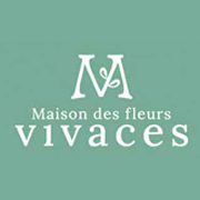 Logo de Maison des fleurs Vivaces sur fond vert sauge avec texte et monogramme blancs.