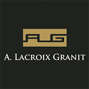 Logo FLG doré au-dessus du texte blanc « A. Lacroix Granit » sur fond sombre