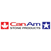 Logo de CanAm Stone Products avec une feuille d'érable rouge et une étoile bleue sur fond blanc