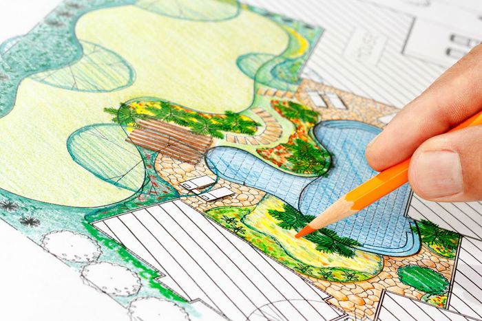 Dessin à la main d'un plan de paysage coloré au crayon sur du papier millimétré