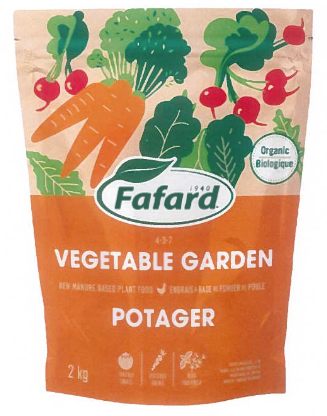 Sac de terreau orange et blanc Fafard pour potager, orné d'illustrations de légumes et portant la mention « bio ».