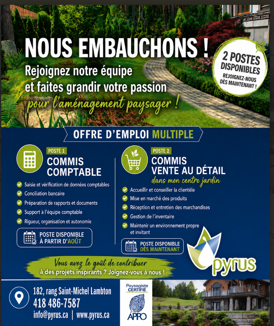 Affiche de recrutement en français pour plusieurs postes dans le commerce de détail et la comptabilité, mise en page bleue et verte avec logo de l'entreprise.