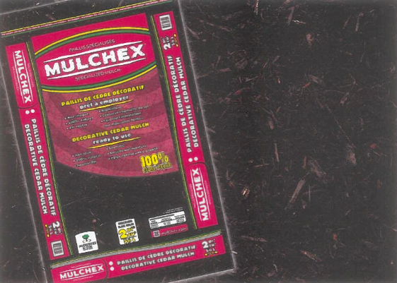 Emballage du produit Mulchex sur une surface sombre, présenté en biais avec un étiquetage rouge et noir.