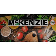 Bannière alimentaire McKenzie avec des céréales, des tomates, des pâtes, des herbes et une étiquette OGM