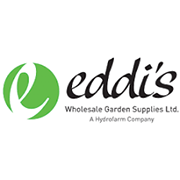 Logo d'Eddis Wholesale Garden Supplies Ltd. avec une icône de feuille verte et du texte noir, une société Hydrofarm