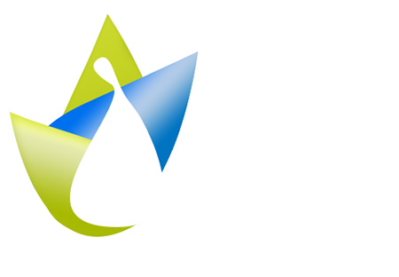 Logo abstrait en forme de virgule verte et bleue avec des formes courbes qui se chevauchent