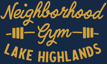 "Neighborhood Gym" in white text on a dark gray background.