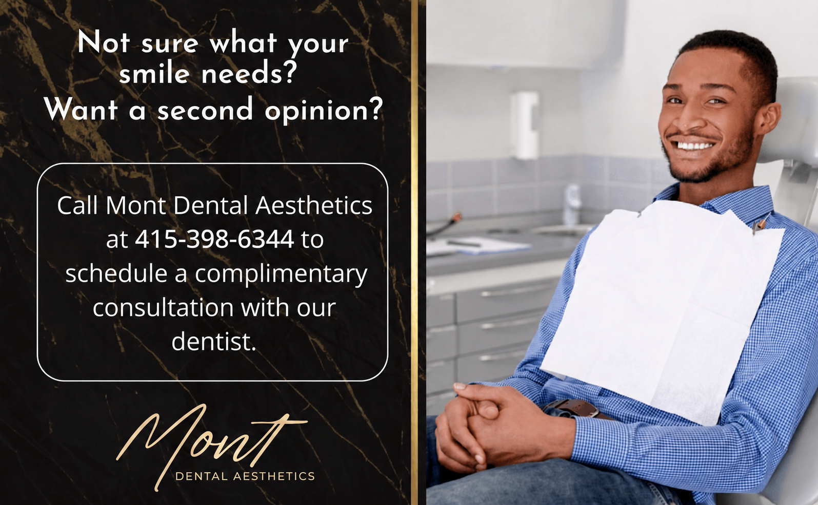Dental consultation ad with smiling man holding a blue dental X-ray and contact information.
