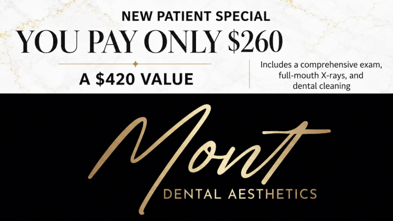 Dental clinic promo: new patient special, pay $260, includes $420 value with x-rays and cleaning, Mont Dental Aesthetics.