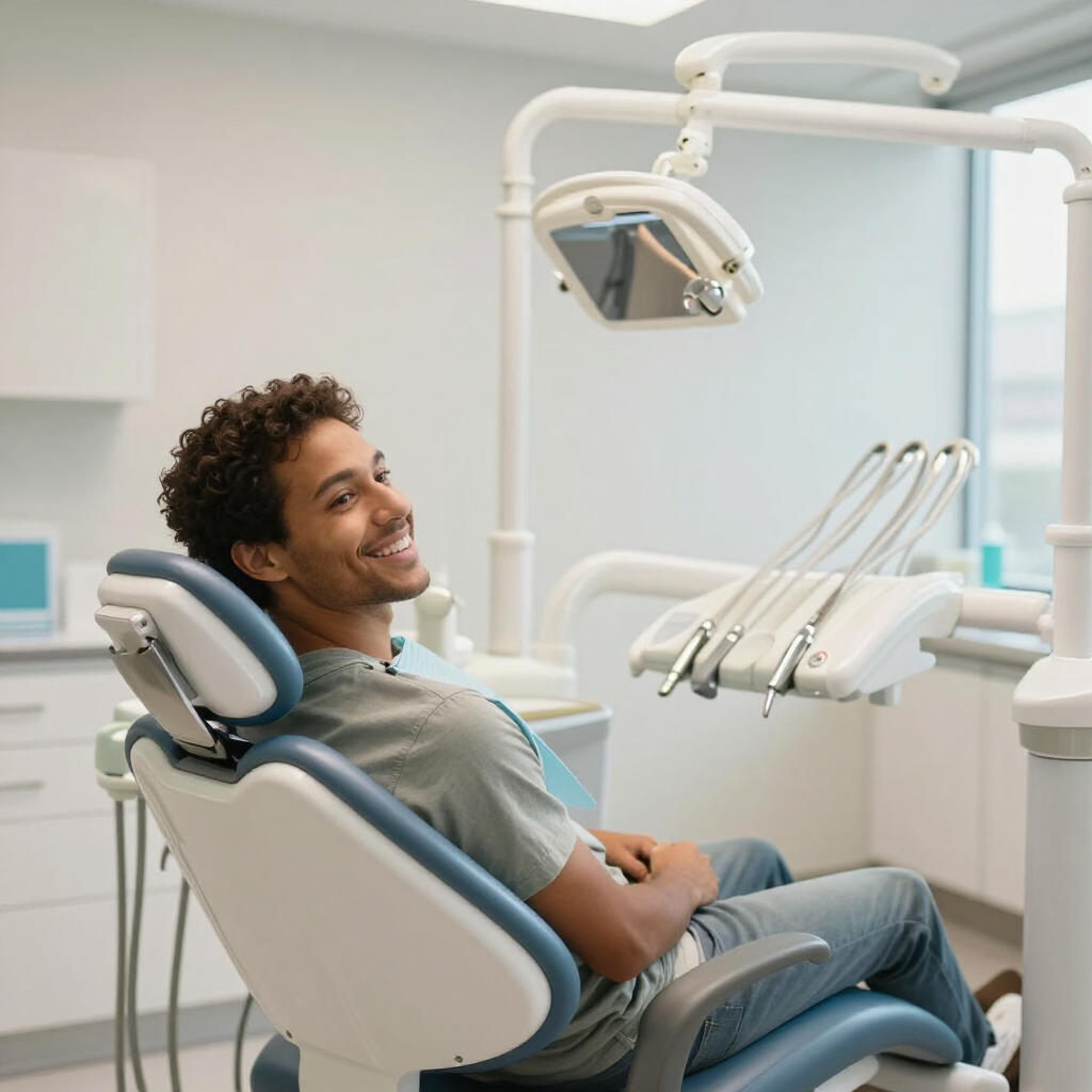 Patient reclining in a dental chair, smiling in a bright modern clinic room