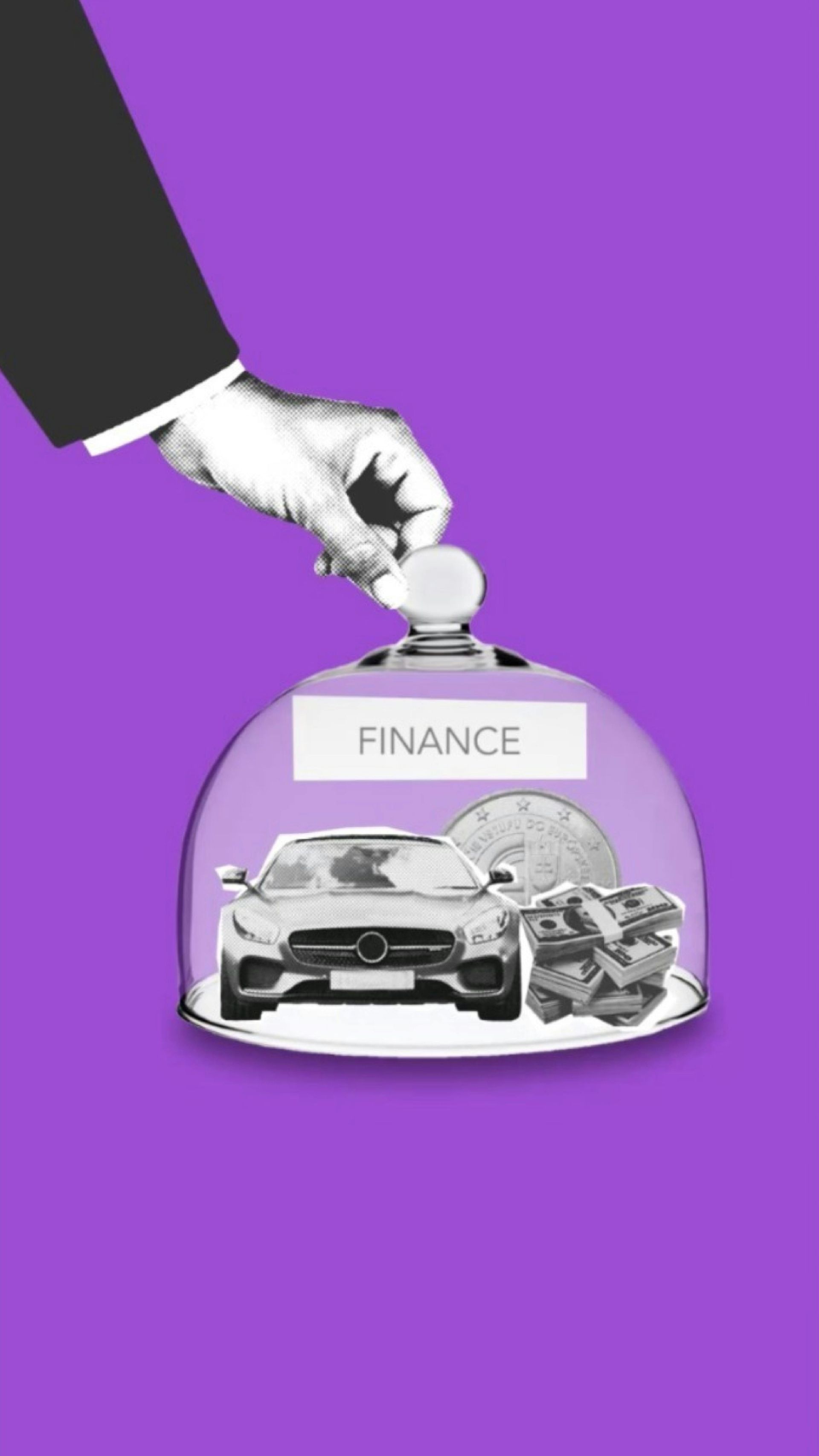 A hand is putting a coin into a bell jar with a car and money inside.