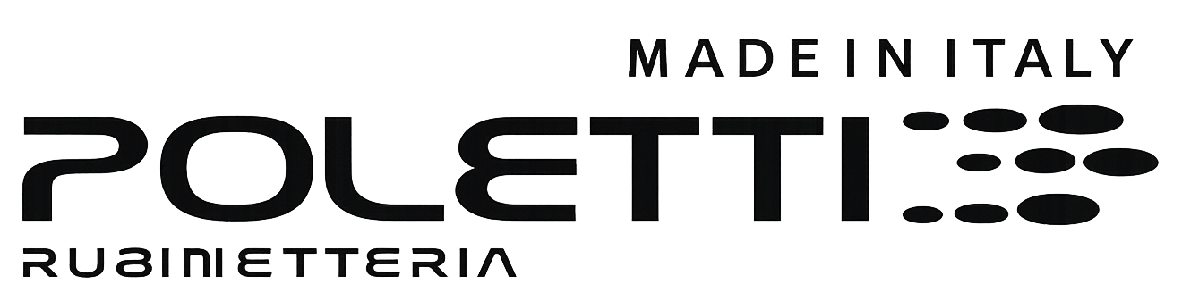 Logo per Poletti rubinetteria, prodotto in Italia. Testo nero con una "E" stilizzata e puntini.