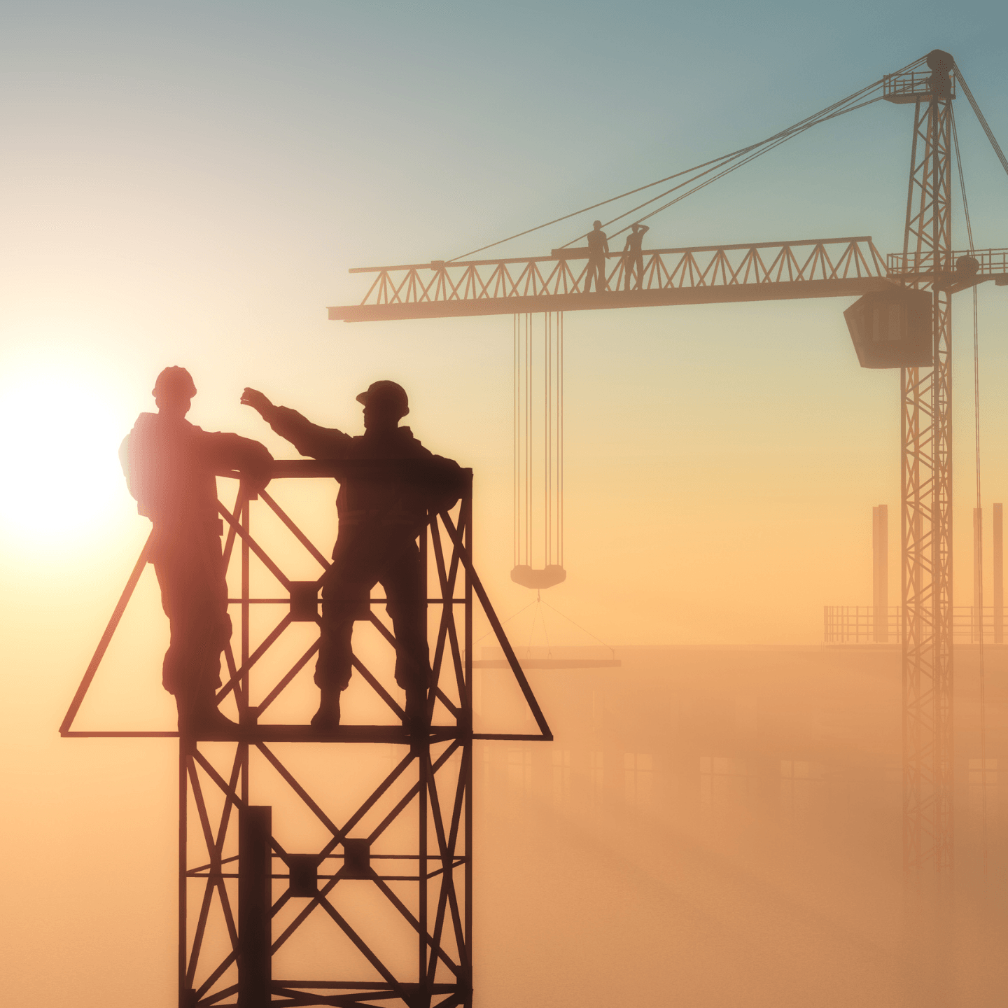 Deux ouvriers du bâtiment debout sur une tour avec une grue en arrière-plan
