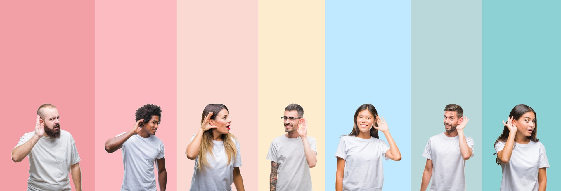 A group of people are standing in a row covering their ears with their hands.