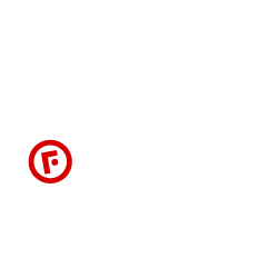 Red logo in a red circle, with a stylized letter