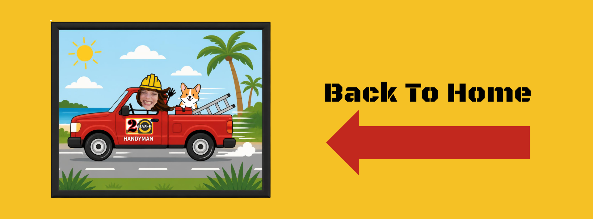 Red pickup truck with people on a beach, palm tree, and a “Back To Home” arrow pointing left.