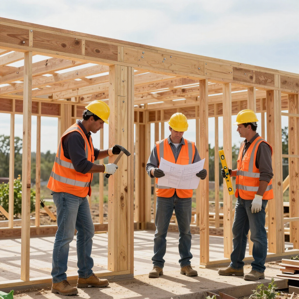 Three construction workers in orange safety vests and yellow hard hats inspect a wooden house frame with plans and tools.