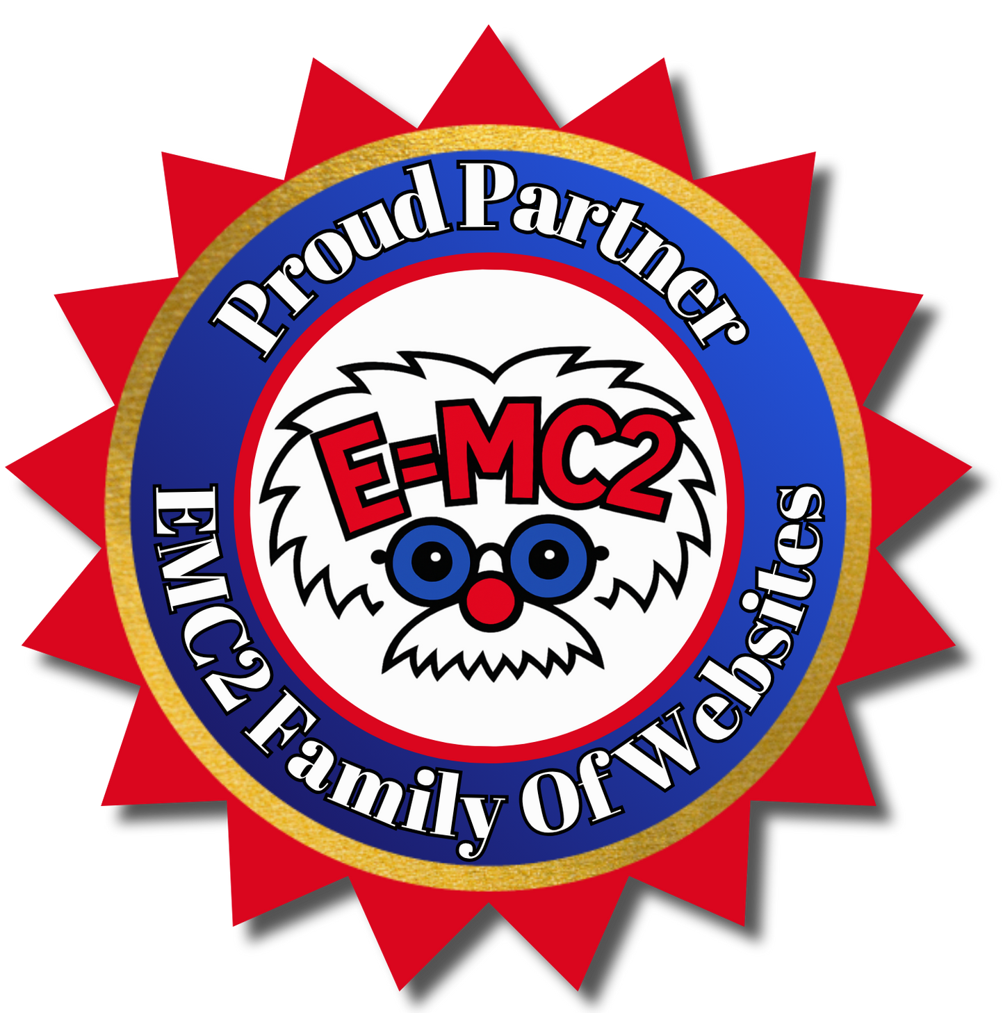 EMC2 Family of Webbies Proud Partner logo with red starburst and blue circular center