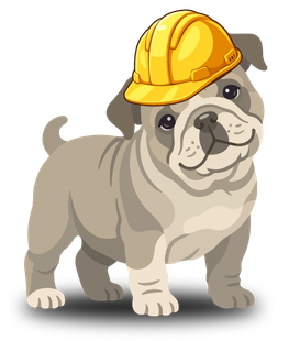 Bulldog wearing a yellow hard hat, standing and facing forward.