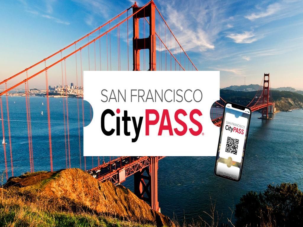 A picture of the golden gate bridge with a city pass logo in the foreground.