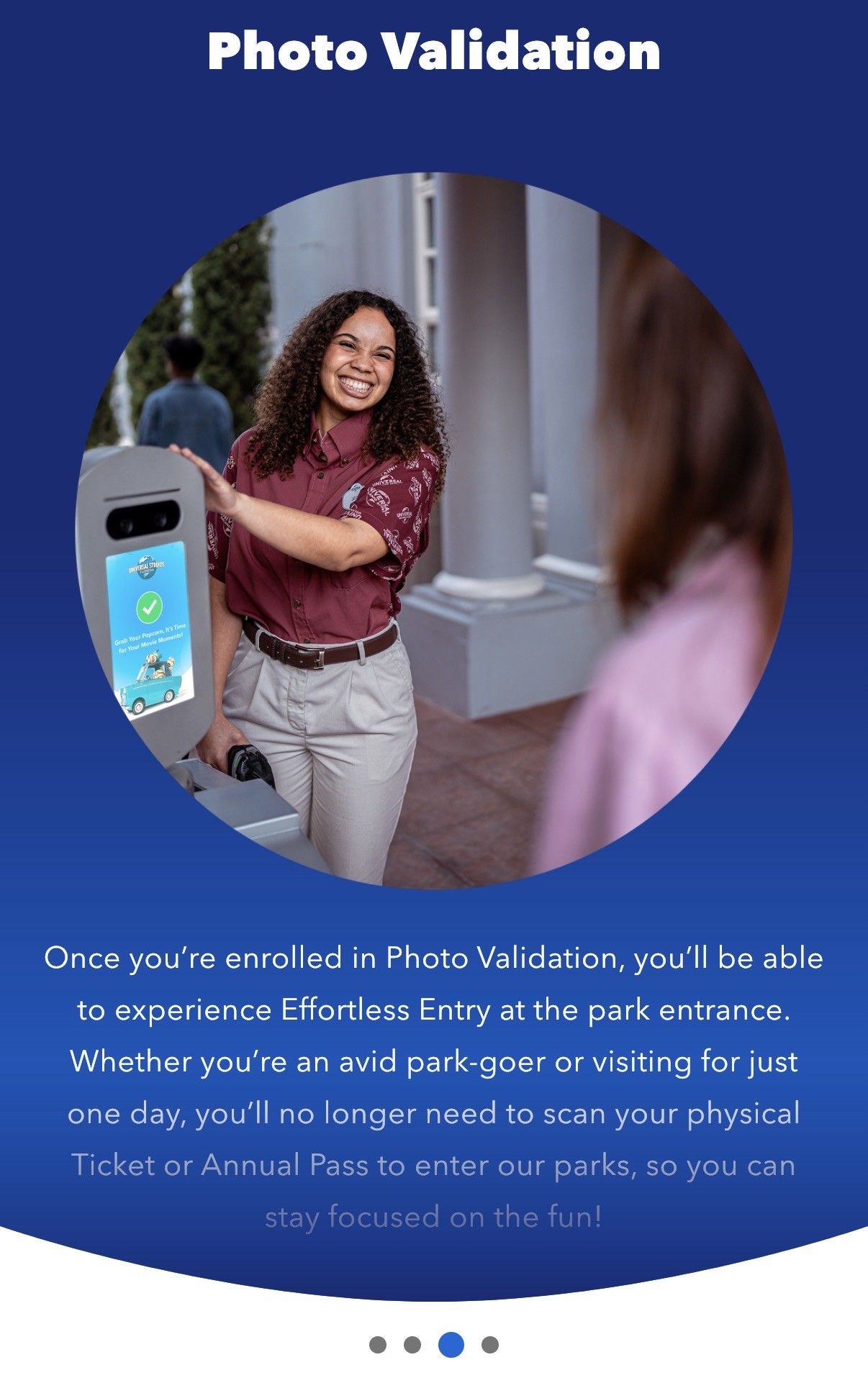Woman entering a building while a smartphone scan frame overlays her photo for identity verification
