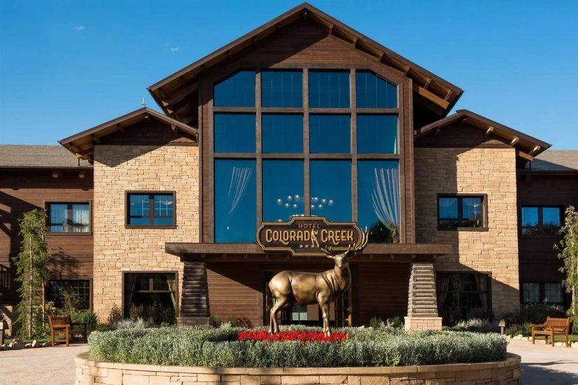 Stone hotel entrance with large windows and a gold elephant statue in front, beneath a clear blue sky