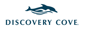 The logo for discovery cove shows a dolphin jumping out of the water.
