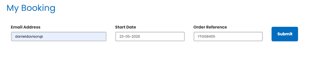 Booking form with three text fields and a blue search button on a white page.