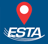ESTA logo with a red location pin and white letters on a blue background