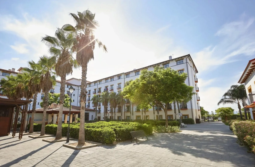 Palm-lined hotel courtyard with a white multi-story building and bright sunny sky