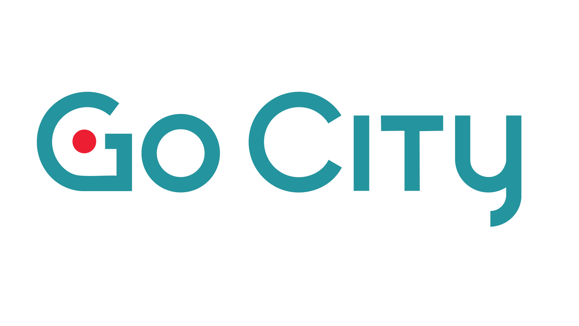 A blue and white logo for go city on a white background.