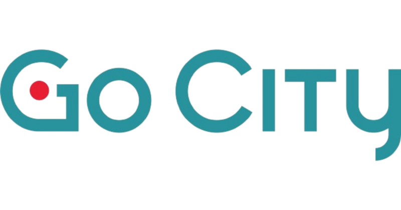 The go city logo is blue and white with a red circle in the middle.