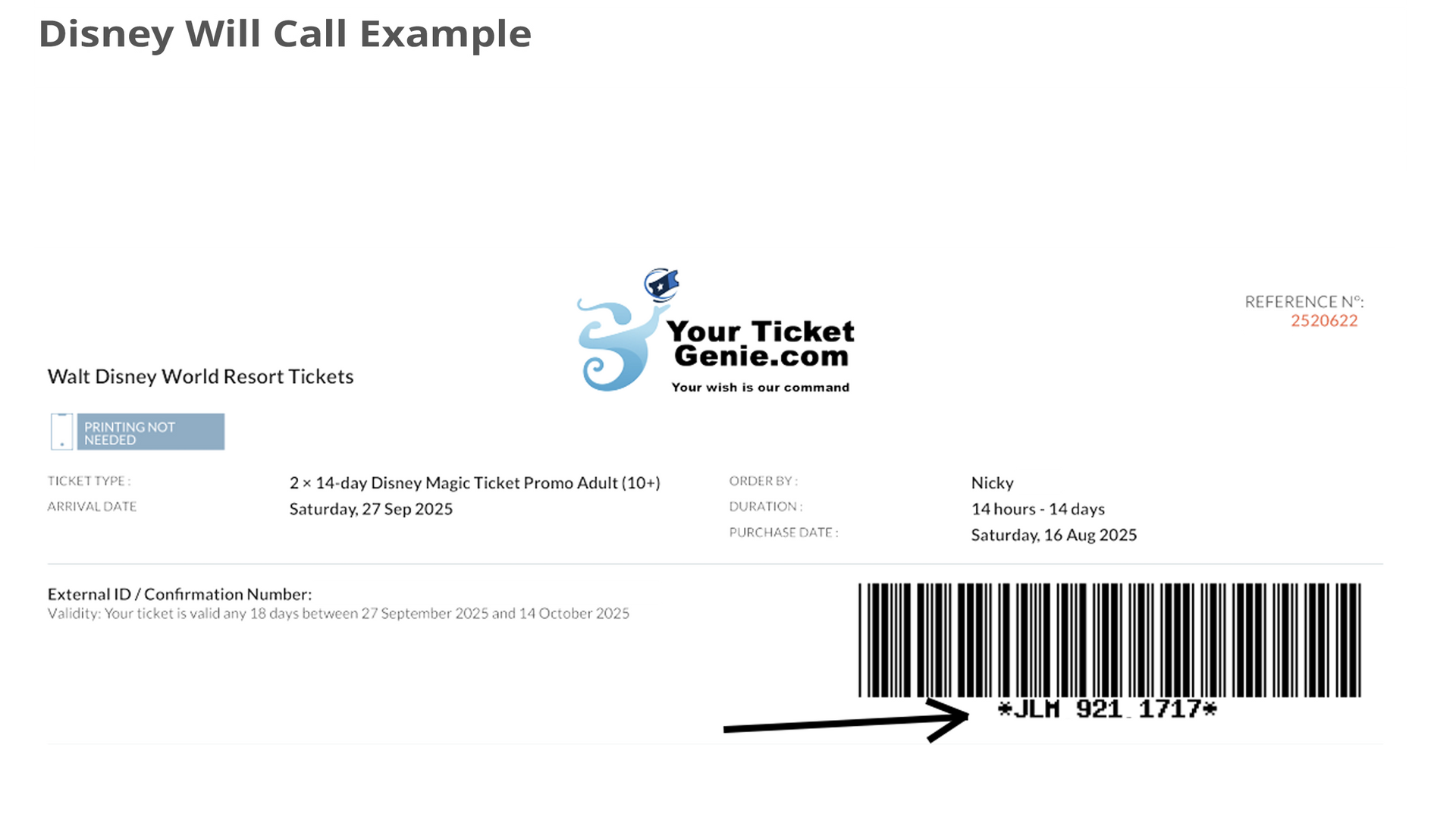 Disney Will Call Example ticket with barcode and arrow pointing to it