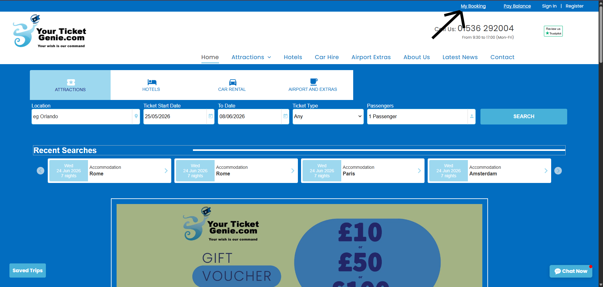 Blue travel booking webpage with flight search fields and a large holiday sale banner showing £10, £50 and £100 prizes
