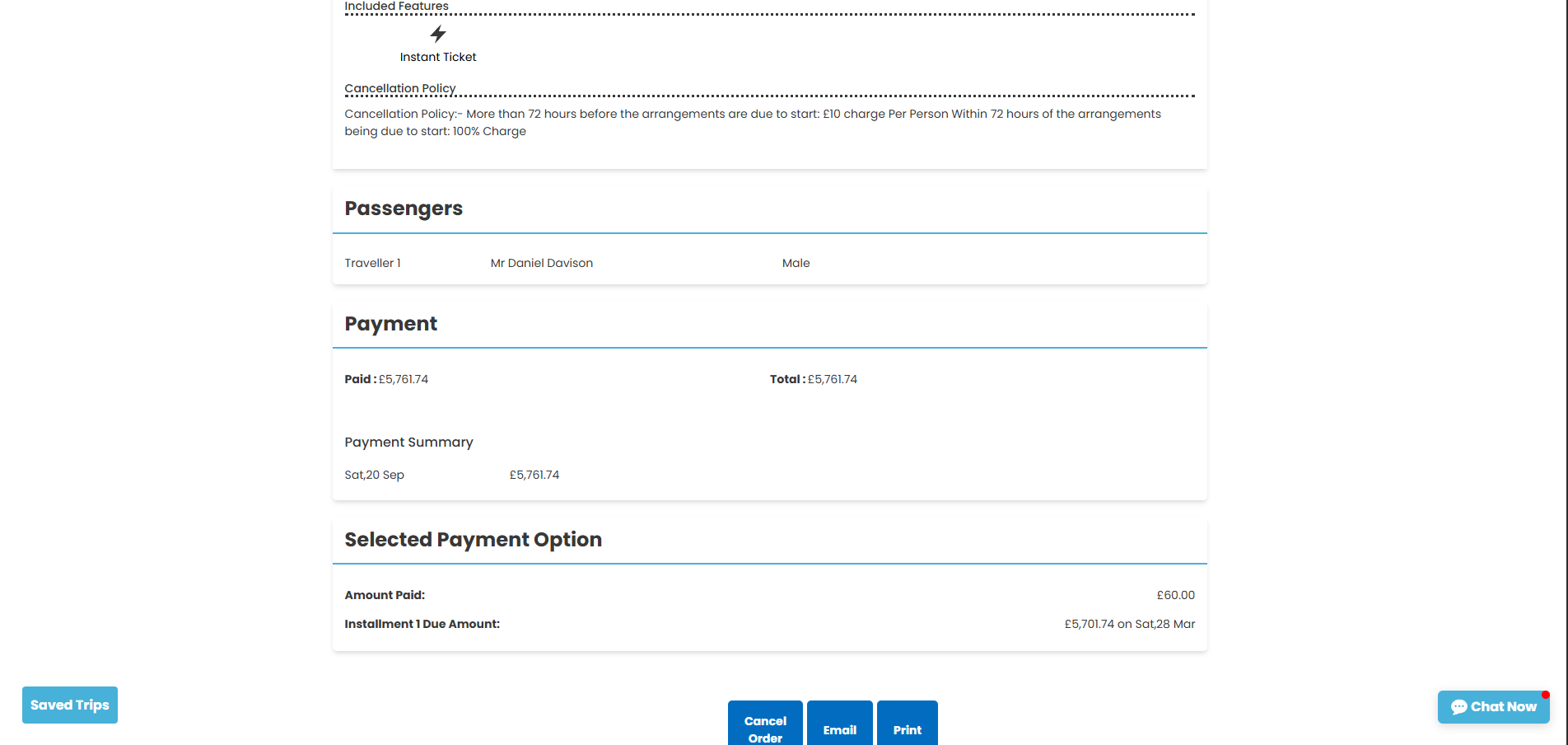 Checkout page showing payment details, item summary, and blue action buttons at the bottom.